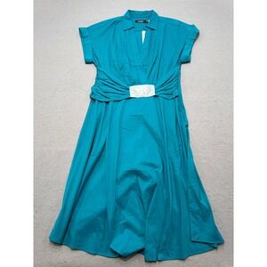 NEW Lauren Ralph Lauren Midi Dress Women's 14 Blue Ruched Waist Buckle Collared